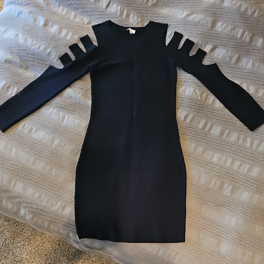 Pixley Fitted Black Long Sleeve Knit Dress with Cut-Out Details